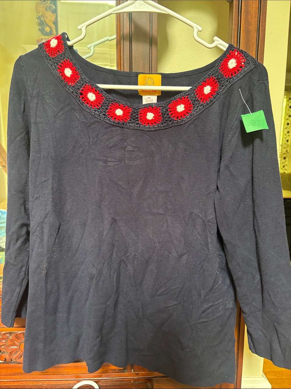 Vintage Navy Knit Top with Red Crochet Flower Neckline